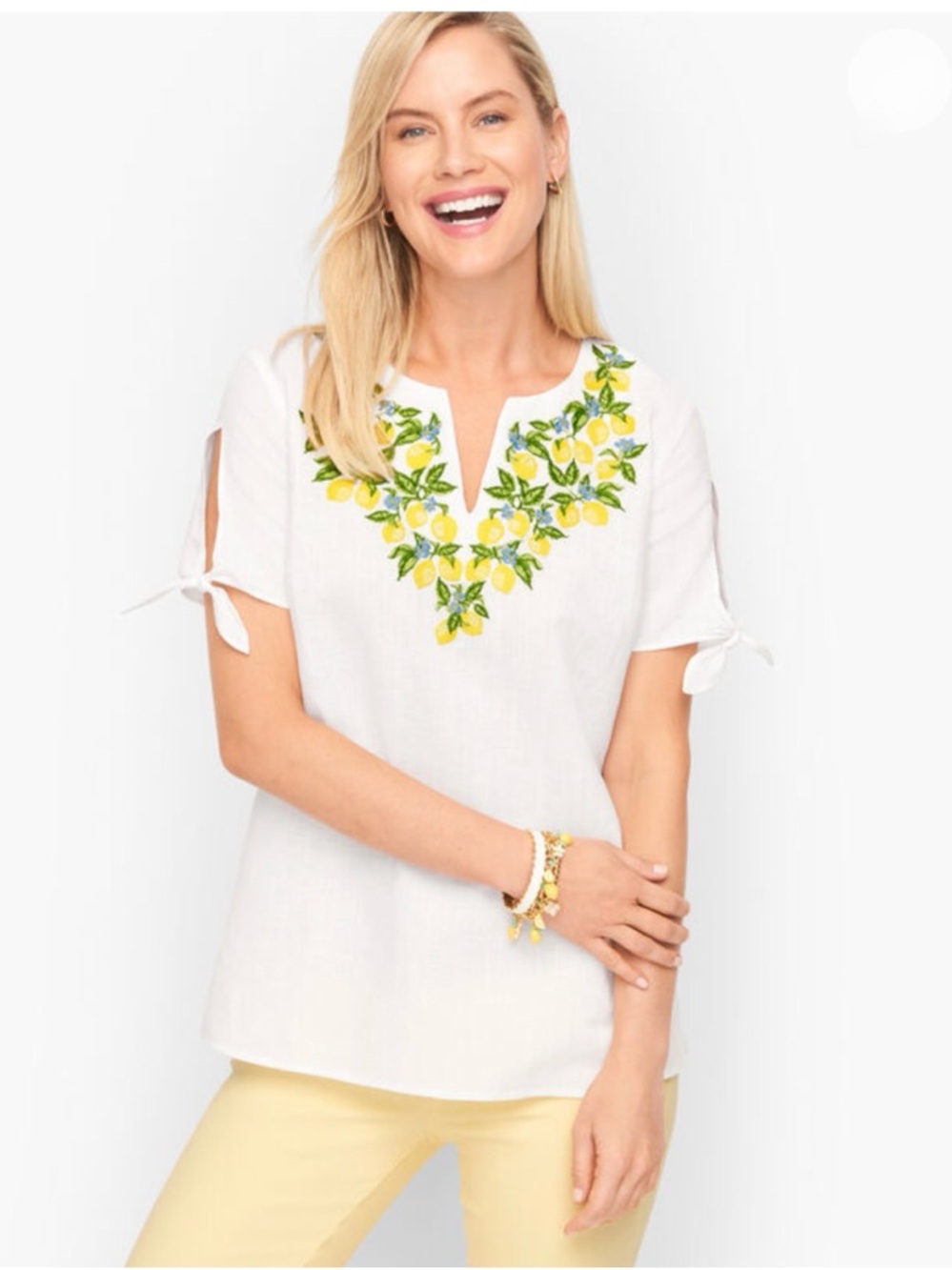 Talbots White Lemon Embroidered V-Neck Linen Short Sleeve Top XLpetite